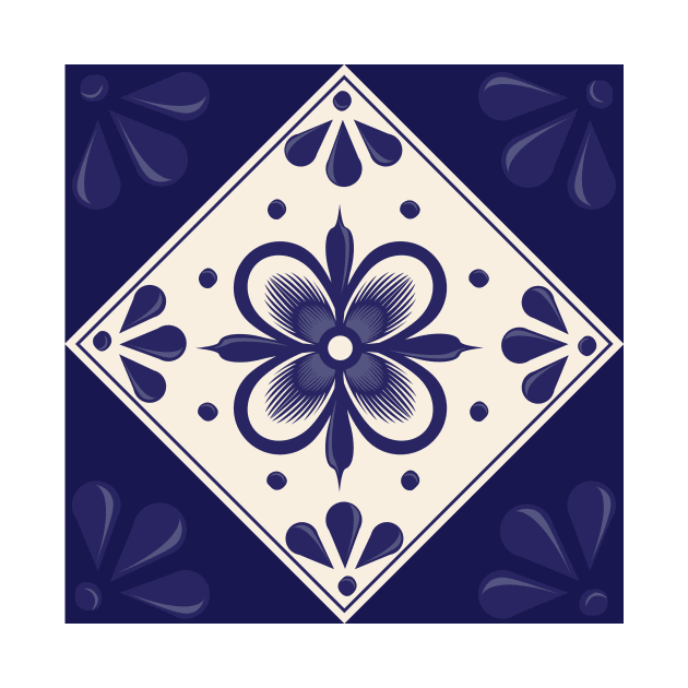 Blue Talavera Tile, Abstract flower by Akbaly by Akbaly
