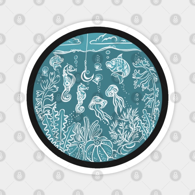 Under the Sea Lino Print Porthole with Fish, Seahorses and Seaweed Magnet by NattyDesigns