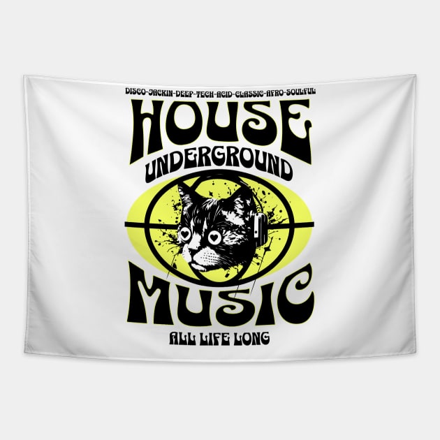 HOUSE MUSIC  - Underground Cat (Black/Yellow) Tapestry by DISCOTHREADZ 