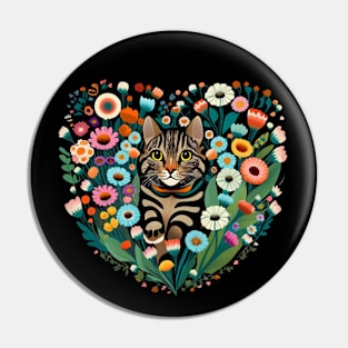 Tabby Cat in Heart Shaped Flowers Pin