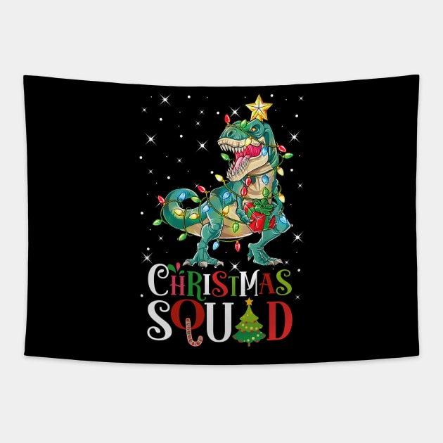 Christmas Squad Dinosaur T Rex Funny Xmas Lights Tree Rex Tapestry by springins