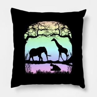 Night picture with Elephant, Giraffe and Hippo in Africa Pillow