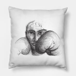 Woman Boxer with Boxing Gloves Black and White Hand Drawn Illustration Pillow