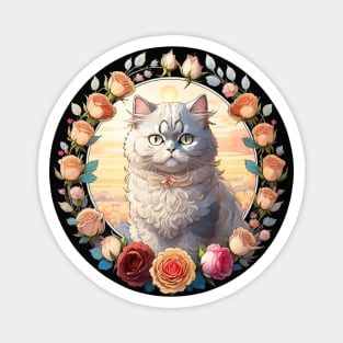 Silver Persian Cat Rose Wreath Magnet