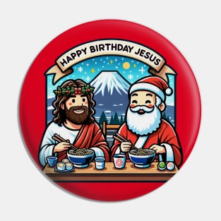 Happy Birthday Jesus Santa Claus Ramen Sushi Matcha Mount Fuji White Christmas Pin