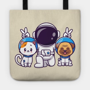 Cute Astronaut With Cat And Pug Dog Cartoon Tote
