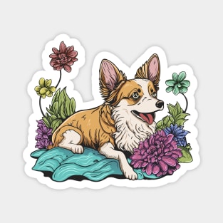 Cute Corgi Dog with Flowers in Summer Time Magnet