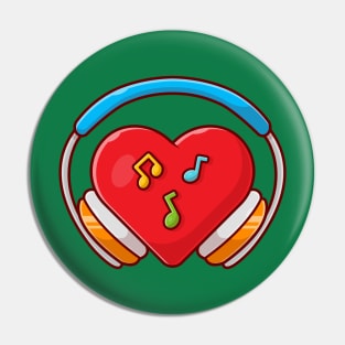 Red Heart Love Music with Headphone, Note, and Tune Music Cartoon Vector Icon Illustration Pin