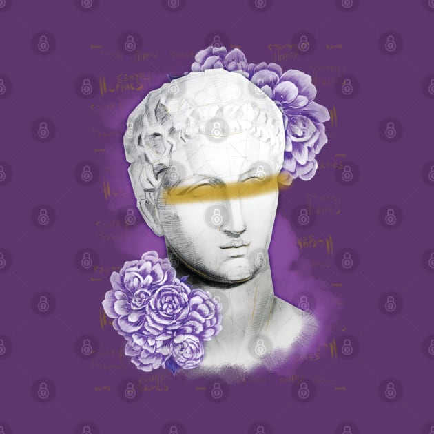 Hermes head statue with a purple pionies flowers by Olena Tyshchenko