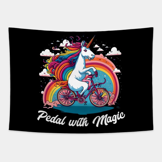 Padel with magic |  A unicorn riding a bicycle with a rainbow trail behind it Tapestry by T-shirt US