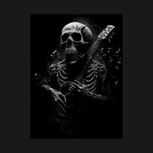 Skull Playing Guitar Black and White T-Shirt