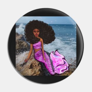 Coco the Magical rainbow mermaid with brown eyes, flowing Afro hair and caramel brown skin Pin