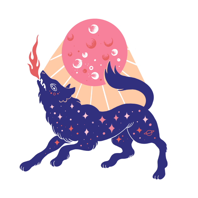 Pink full moon and cosmic wolf by Paolavk