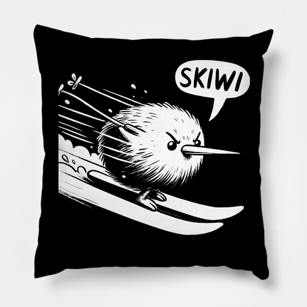Downhill Skiwi Kiwi Bird Pillow by DoodleDashDesigns