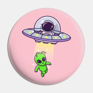Cute Astronaut Catching Alien With Ufo Cartoon Pin