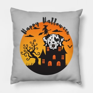 Dalmatian Dog Head with Haunted Mansion and Happy Halloween Sign Pillow