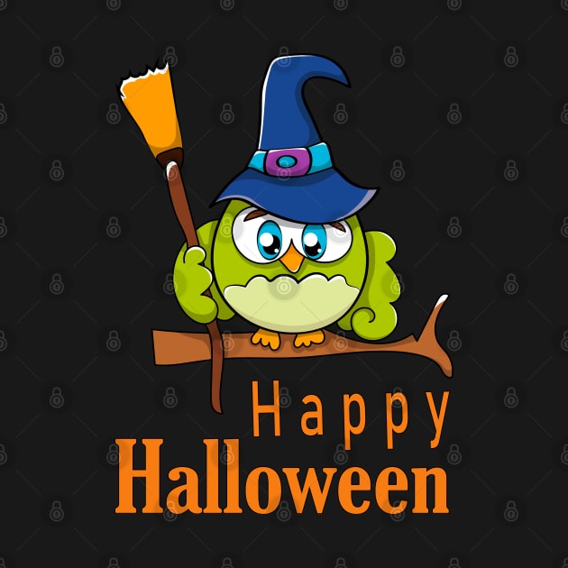 Funny Baby Owl in Witch Hat and Broomstick - Happy Halloween by KrasiStaleva