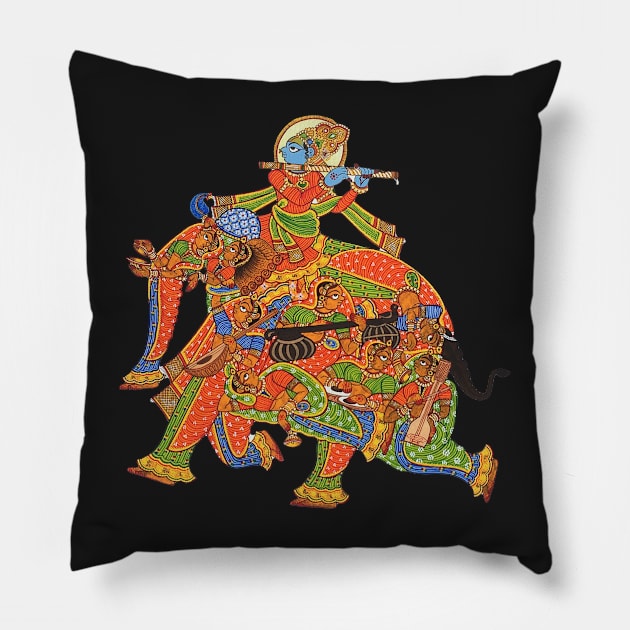 "Narikunjar" Elephant formation by women and lord krishna print indian folk art "phad painting" Pillow by gopalpjoshi