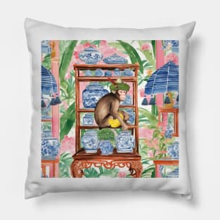 Monkey on the shelf with chinoiserie jars Pillow