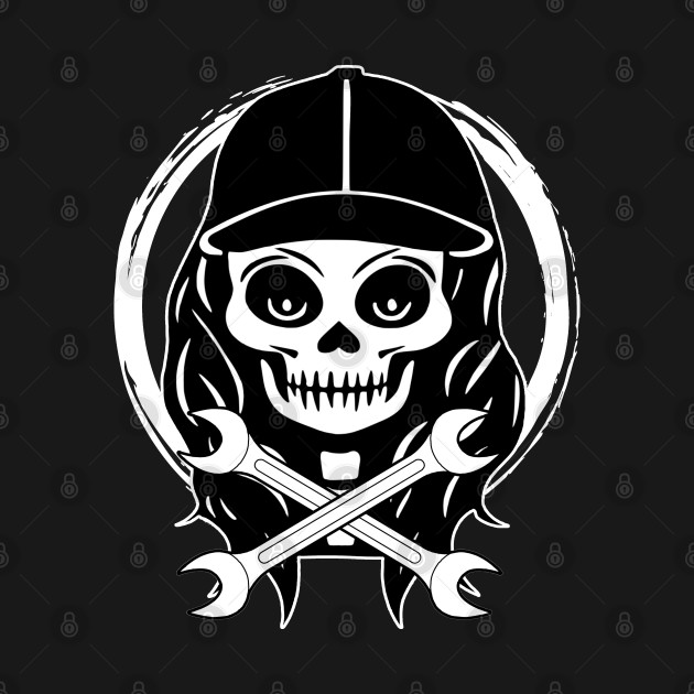 Female Mechanic Skull and Spanners White Logo by Nuletto