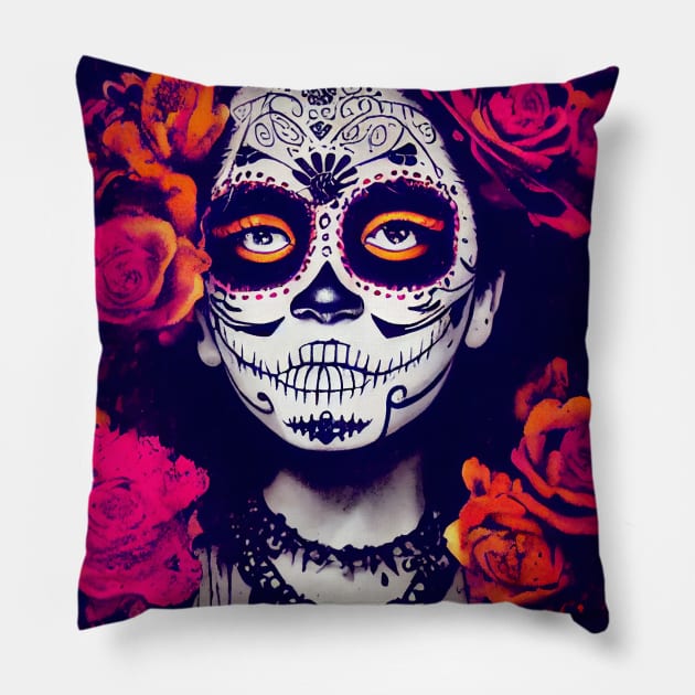 Dia de Los Muertos, Day of the Dead Catrina with pink and orange flowers Pillow by Hector Navarro