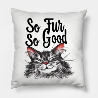 So Fur So Good, So Far So Good, Cat Pun, Cat Meme, Silly Cat, Cheeky Cat Pillow