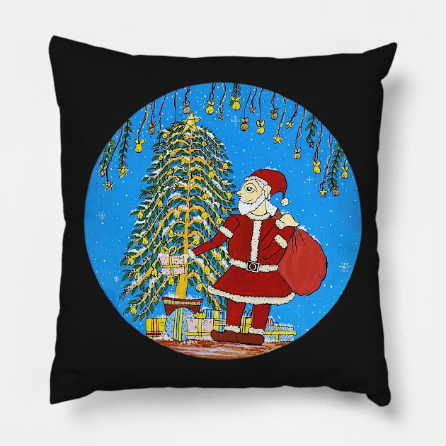 Christmas santa Indian folk art style, Phad painting, watercolor painting Pillow by gopalpjoshi