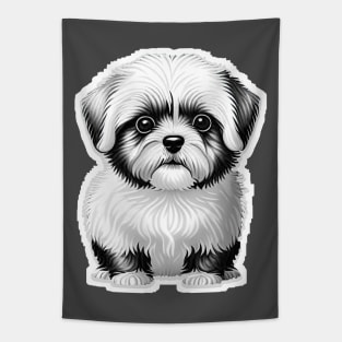 Black & White Cartoon Illustration of a Havanese Puppy Tapestry