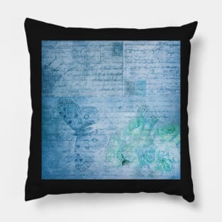 Blue & Teal Butterfly Old Love Letters Graphic Art Design Home Decor & Gifts Pillow