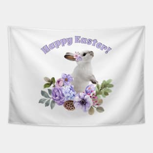 Watercolor Easter Bunny in Beautiful Flower Bed with Pastel Leaves. Tapestry