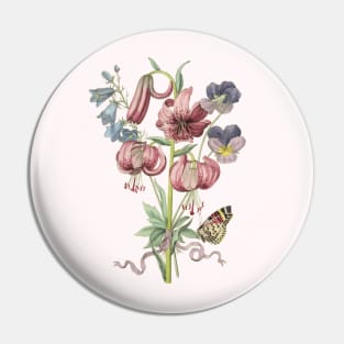 Lily Flower Bouquet with Butterfly Vintage Botanical Illustration Pin