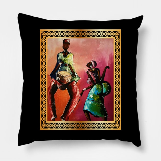 African Man and Woman Dancing, Playing Drums Pillow by dukito