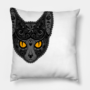 Decorated Dark Sugar Skull Cat Pillow