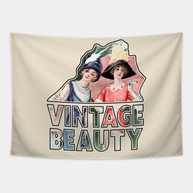 "Vintage Beauty" Edwardian Women in Dresses and Hats Retro Typographic Font Art Tapestry by Retro Repro