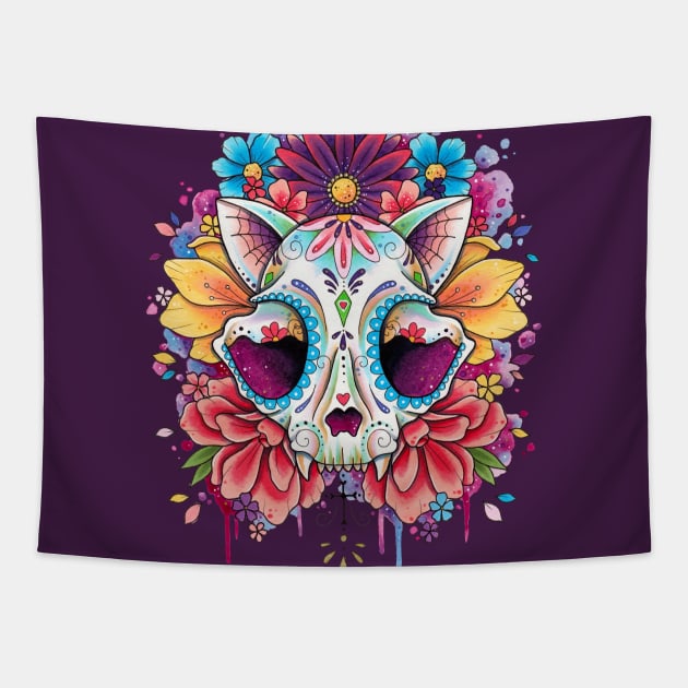 Floral Candy Cat Skull Design by Lorna Laine Tapestry by Lorna Laine