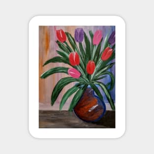 Tulips in a bronze and blue vase Magnet