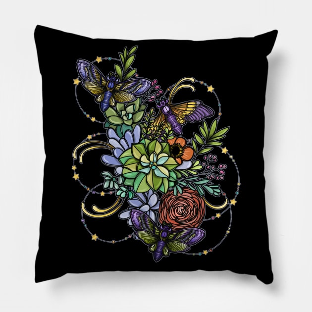 Midnight Moths And A Symphony Of Succulents Pillow by LittleBunnySunshine