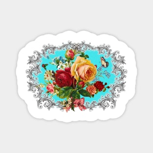 Luxury Roses & Scrolls Center piece in Turquoise Background. Magnet