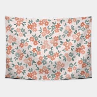 Daisy field with leaves and polka dots oranges, sage green on cream-02 Tapestry