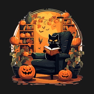 Spooky Black Cat Reading T-Shirt