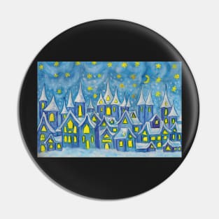 Fairy winter town in blue colours Pin