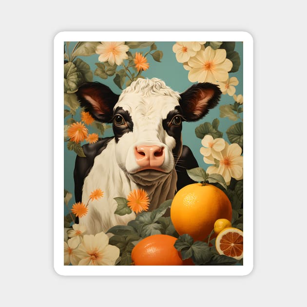 Retro Vintage Country Cow Floral Design - Rustic Farmhouse Art Magnet by The Whimsical Homestead