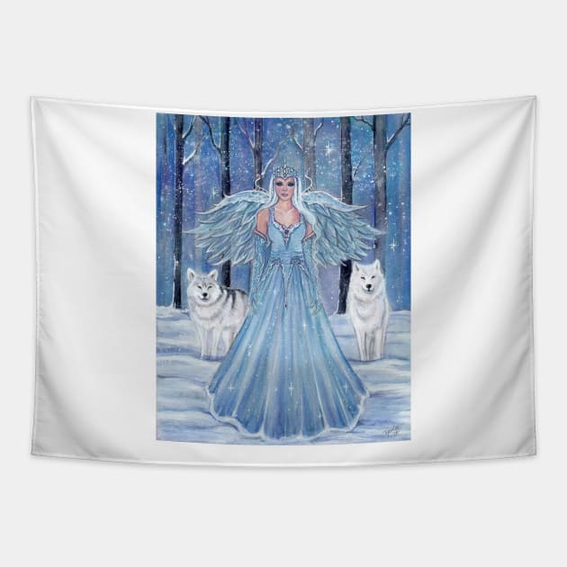 Rahmiel winter angel with wolves by Renee Lavoie Tapestry by ReneeLLavoie