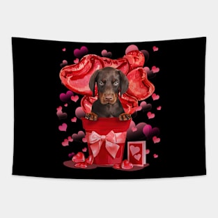 Dobermann Dog In Red Pot Happy Valentine's Day Tapestry