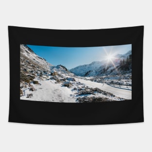 Swiss Alps - Flüelapass Mountain Pass Panorama on Sunny Winter Day Tapestry