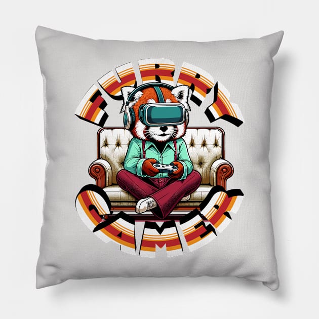 Red Panda VR Adventurer - Retro Gaming Bliss Pillow by TimeWarpWildlife