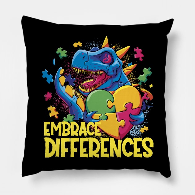 Autism Awareness Dinosaur Design for Love and Acceptance Embrace Differences Pillow by star trek fanart and more