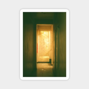 Digital collage, special processing. Room, corridor. Look from darkness to light. Yellow. Sun light. Low contrast. Magnet