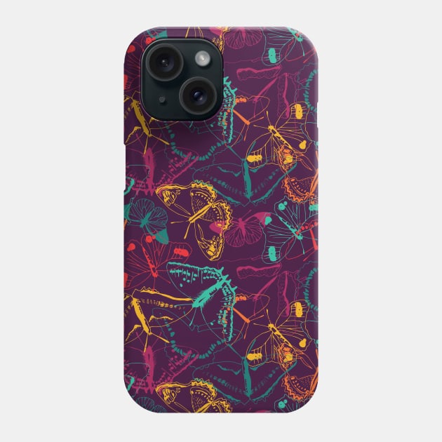 Pattern of colorful neon butterflies over dark violet Phone Case by agus.cami