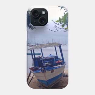 Boats stopped at the beach on a rainy day Phone Case